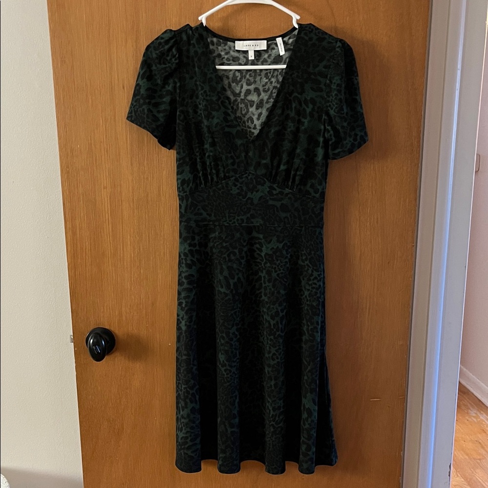Lark & Ro Dark Green Animal Print Midi Dress